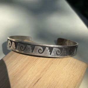 Vintage Hopi Silver Overlay Wave Cuff Bracelet signed MLK STERLING 17.2g